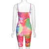 BeyPrern Sexy Printed Tie Dye One Pieces Rompers Nya Kvinnor Strap Biker Bodycon Shorts Jumpsuit 2020 Sommar Ribbed Playsuits T200704