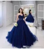 2022 New Strapless Ball Gown Prom Quinceanera Dress Vintage Navy Blue Lace Applique Ball Gown Formal Sweet 15 Party Bridal Dresses BC2289