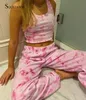 Casual Tie Dye Two Piece Set Women Pink Tracksuit Fashion Summer Crop Top and Biker Sweatpants Matching Sets Outfits Sportswear LJ201117