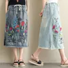 Vintage Embroidered Denim Skirt Large Size Women Korean Fashion Clothes Loose Skirts Casual Elastic Waist Jeans Saia f1209 T200712