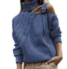 Frauen Patchwork Rollkragenpullover Sexy Off Schulter Schnalle Gestrickte Pullover Herbst Winter Langarm Jumper Tops Pull Strickwaren