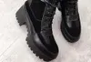 Hot venda- mulheres de couro Ladies RETALHOS PRETO CAMURÇA REAL com plataforma CANVAS plana Lug sola de borracha rendas até Militar Ankle Boots