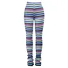 Calças de brim das mulheres Mulheres Altas Cintura Malha Calças Longas Multicolor Striped Hipster Skinny Plissado Calças Empilhadas Crochet Slim Streetwear