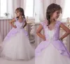 White Tulle Flower Girl Dresses With Purple Lace Capped Sleeves Puffy Princess Pageant Gowns Custom made Kids Christmas Formal Gowns