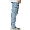 Men Solid Skinny Pockets Denim Cargo Combat Pants Jeans Slim Fit Trouser Bottoms Fashion Men's Casual Outwear 220115
