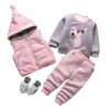 Baby Boys Girls Warm Set Winter Cartoon cat Kids Thickening Hooded Vest+Sweater+Pant Three-piece Sport Suits Children Clothing 211224