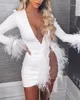 Casual Dresses Mesh Inserted Embellished Party Dress Sexy Women See Through Nightclub White Feather Mini11