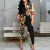 Women's Two Piece Pants Autumn Slim Office Lady Set Retro Pattern Lettern Print 2pcs Outfits Women Spring Button Tie-up Bow Blouse And Skinn