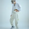 Mujeres hip hop hip hop hip hop jazz jazz dance marca de moda suelta deportes casual pantalones de entrenamiento con piernas pantalones versátiles gris blanco