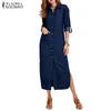 S 5XL ZANZEA Printemps Mode Denim Bleu Robe Femmes Casual Revers À Manches Longues Chemise Longue Robe Élégant Travail OL Robe D'été T200416