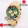 Vendita Nuovo 41mm Miyota Cronografo al quarzo Orologio da uomo Quadrante verde con texture Cronometro Arcobaleno Diamanti Lunetta Bracciale in acciaio inossidabile in oro giallo 18 carati SwissTime A01b2