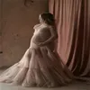 Розовые ночные рубашки оборманы Tulle с длинными рукавами женщины зимняя сексуальная иллюзия жемчужина шеи беременная партия пирема Sheer Sheer Nightgown халат