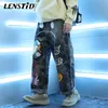 Lenstid Hip Pantalon Hip Streetwear Hommes Lâche Denim Pantalons Graffiti Imprimer Noir Jeans Vintage Harajuku Joggers Pantalons en coton 201117