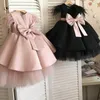 Puffy Pink Satin Bow Flower Girl Dresses Kids Cap Feather Sleeves Communion Ball Gown Dress, Princess Dream Dresses