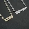 Petit pendentif Baguette avec lettres initiales, avec chaîne à maillons cubains de 10mm, combinaison de collier en zircone, bijoux avec nom, Rose Gold314y