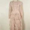 Pembe Dantel Nakış Maksi Elbise Kadın Bahar Kış Tam Kollu Yüksek Bel Fırfır Zarif Uzun Parti Elbiseleri Kadın T200911