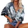 Women's Polos 2021 Fashion Women Navy Blue Printed T-shirt Sexy Long Sleeve Deep V-neck Loose Cozy Pullover Two Ways To Wear Spring1