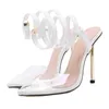 Женская обувь 2022 Новый прозрачный заостренный тонкий каблук металлический высокий каблук змея намотка большие сандалии