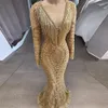 Charming Gold See Through Prom Dresses Plus Size Sheer Neck Long Sleeves Mermaid Evening Gowns Aso Ebi Sexy Robe De Soiree