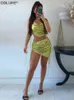 2022 Summer Two Piece Set Women Sexy Mini Skirt Set Green Satin Party Night Club Outfits Drawstring Ruched Cami Crop Top Dress Y220304