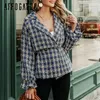 Affogatoo Casual Losse Vrouwen Plaid Tweed Jasjassen Lantern Mouw Streetwear Jassen Elastische Hoge Taille Dames Uitloper Jassen LJ201021