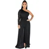 2022 Dames Bodycon Jumpsuits Lady Sexy One Shoulder Lange Mouw Tuniek Slanke Pant Hoge Spleet Mesh Uite-Piece Kleding voor Party Club