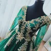 2021 Saudi Arabic Green Wedding Dresses A Line With Gold Lace Applique Beaded Illusion Long Sleeve V-neck Muslim Wedding Dress Bridal Gowns