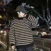 Ebaihui Striped Tröjor Män O-Neck Splicing Preppy Style Tjock Pullover Pocketed Winter Loose Couple Stickning Toppar