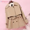 Aelegantmis Fashion Women Long Trench Toat осень зимний винтажный пояс с двойной грудью Хаки излишний.