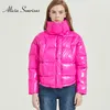 Giacca invernale lucida per le donne Rosa Rossa Parka Pane femminile Inverno Giù Parka Parka Cappotto impermeabile lucido imbottito in cotone 201110