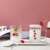 Jordgubbar halm muggar transparent glas kreativ tecknad kopp med handtag mugg täck vatten koppar