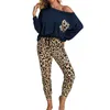Odzież siłownia Modne damskie Dwuczęściowy garnitur, Długi rękaw Okrągły dekolt Top Leopard Pattern Spodnie dla jesieni