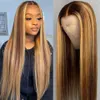 Ishow 13x6 Transparenta Frontal Human Hair Wigs Highlight P4 / 27 Rak Omber Pre-Plucked Lace Front Wig