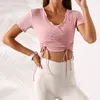 LL-T969 Conjunto de yoga para mujer, camiseta de secado rápido con cordón, tops deportivos finos de manga corta, ropa sexy ajustada de manga corta para correr y fitness con marca