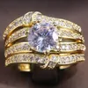 Fashion 3 in 1 band ring for Women Exaggerated Golden Round Zircon bridal engagement wedding Rings set jewelry gifts