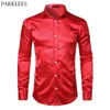 Men's Slim Fit Silk Satin Dress Shirts Wedding Groom Stage Prom Shirt Men Long Sleeve Button Down Shirt Male Chemise Homme Red C1222