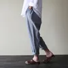 Kobiety Paski Luźne Kieszenie Długie Spodnie Harerem Casual Bawełniana Pościel Elastyczna Talia Pantalon Work Turip Spodnie Oversized T200319