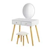 BeautyLife Makeup Vanity Set: Round Mirror Dressing Table w/ 2 Sliding Drawers, Women Stool for Bedroom. Stocked in US.