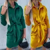 Casual Dresses Shirt Kvinnor Kvinnor Vår Höst Långärmad Turn-down Collar Sheath Dress Fashion Lace Up Satin Vestido Fiesta