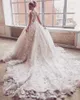 2021 Luxuoso Vestido de Baile Vestidos de Noiva Pescoço Jóia 3D Flores Artesanais Frisado Longo Capela Trem Vestidos de Noiva Plus Size Vestidos A240W