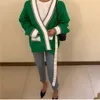 Women Autumn sweater single buttons patchwork V-neck sexy Green white loose long sleeve knitted Cardigans coat Korean casual LJ201017