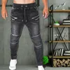 Men's Jeans Male Trousers Casual Pants Sweatpants Jogger Zipper Drawstring Pockets Fitness Workout Running Skinny