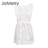 Jamerry Boho 자수 화이트 레이스 여성 미니 드레스 Sashes Ruffled Holiday 여름 드레스 캐주얼 섹시한 해변 복장 Vesti T200320