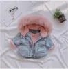 Eingetroffen Mädchen Winter Verdicken Mäntel Kinder Denim Mit Kapuze Mantel Kinder Pelz Kragen Baumwolle Jacke Baby Mädchen Outwear