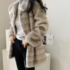 Long Jacket Women Winter Femme Veste Faux Fur Coat Gradient Mink Turn-Down Collar Stripe Clothes Warm Soft Furry Overcoat 201210