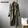 Aachoee elegante cor sólida windbreaker mulheres casaco com bolsos moda split hem faixas outwear casual longa trinchada 201102