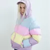 Arc-en-ciel coloré Coton Rembourré Parkas Femmes Automne Hiver Amovible chapeau Manteau femmes Pastel Panneau Puffer Veste Manteaux 201126