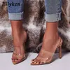 Eilyken pvc شفافة مثير أشار تو فتح اصبع القدم النساء النعال عالية الكعب الأزياء موجزة كسول النعال أحذية حجم 35-40 Y200423