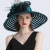 Elegant Women Feather Flower Striped Kentucky Derby Hat 16cm Wide Brim Church Dress Sun Hat Lady Summer Beach Party Wedding Hat Y27101334