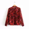 Nouvelles femmes mode impression florale blouse décontractée Chemises chemisiers femmes col montant en mousseline de soie rouge roupas femininas plis hauts T200321
